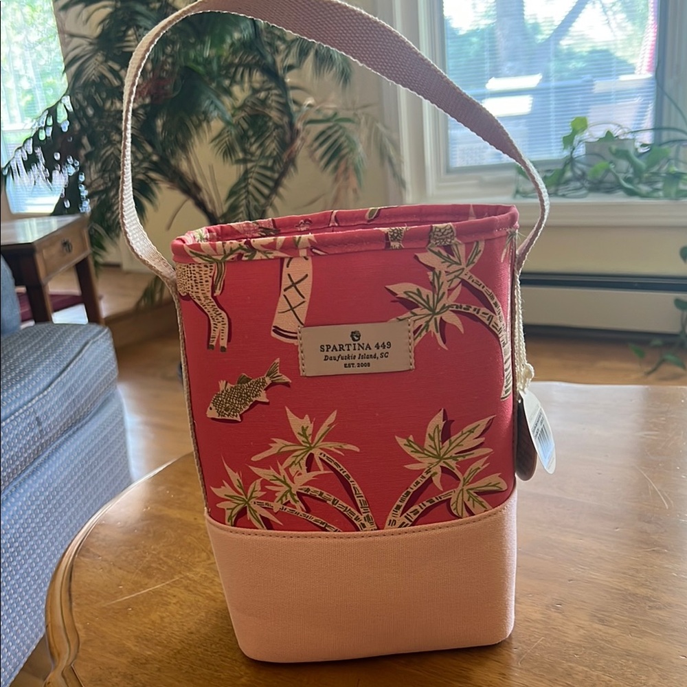 Spartina 449 Tropical Palm Tree Pink and Cream Wine Bag Tote
